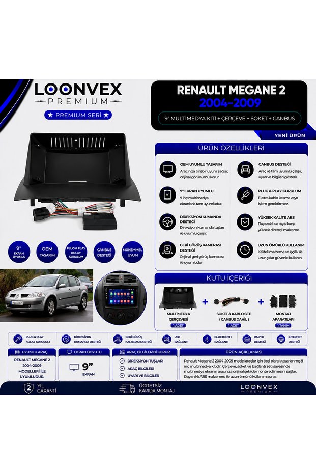 Premium Renault Megane 2 2004-2009 9 Inch Multimedia Frame + Socket + Canbus Mounting Kit