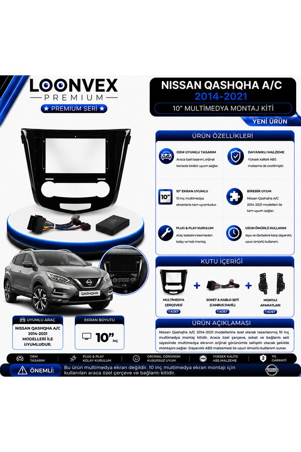 Oonvex Premium Nissan Qashqai A/C 2014-2021 10 Inch Multimedia Frame and Socket Mounting Kit
