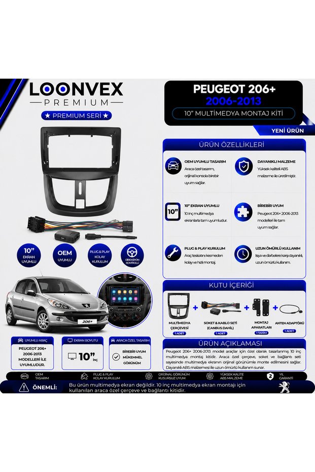 Premium Peugeot 206+ 2006-2013 10 Inch Multimedia Frame + Socket + Canbus Mounting Kit