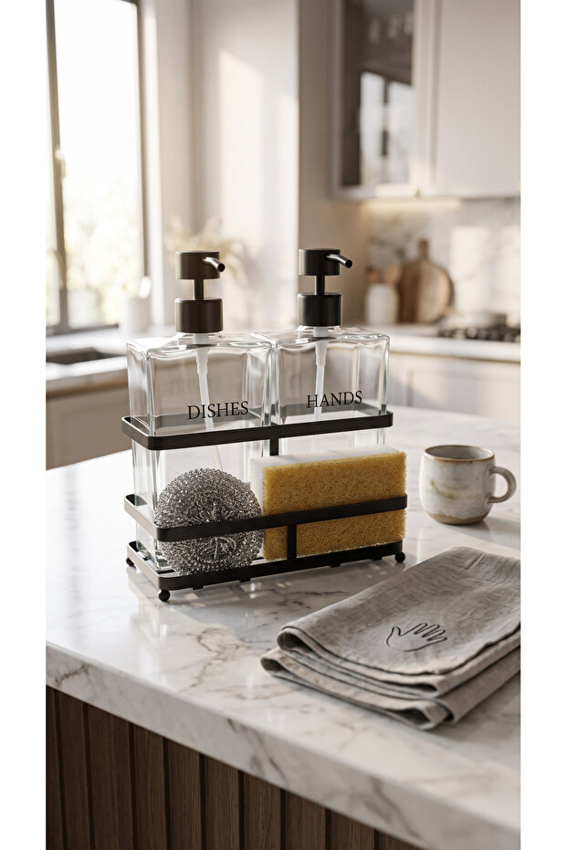 Double Glass Liquid Soap Dispenser and Dishwashing Detergent Dispenser Set – Kitchen Organizer with Metal Stand and Sponge Holder 19X22.5 cm (Black)