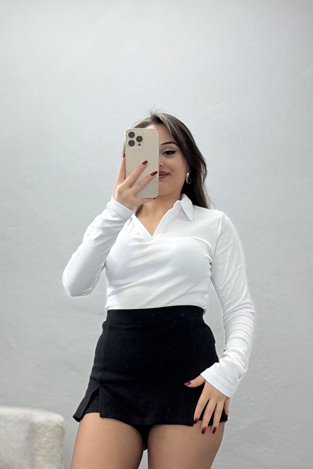 Women's Ribbed Fabric Polo Neck Bodysuit White