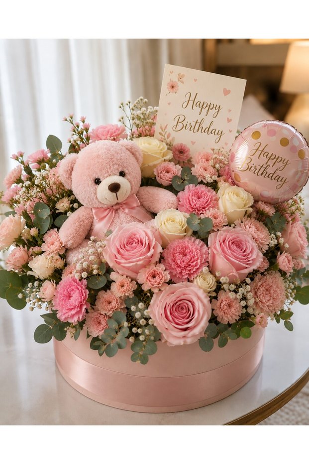 5Pink5WhiteRose10pink10SprayPinkCarnationwithTaddybollonGb