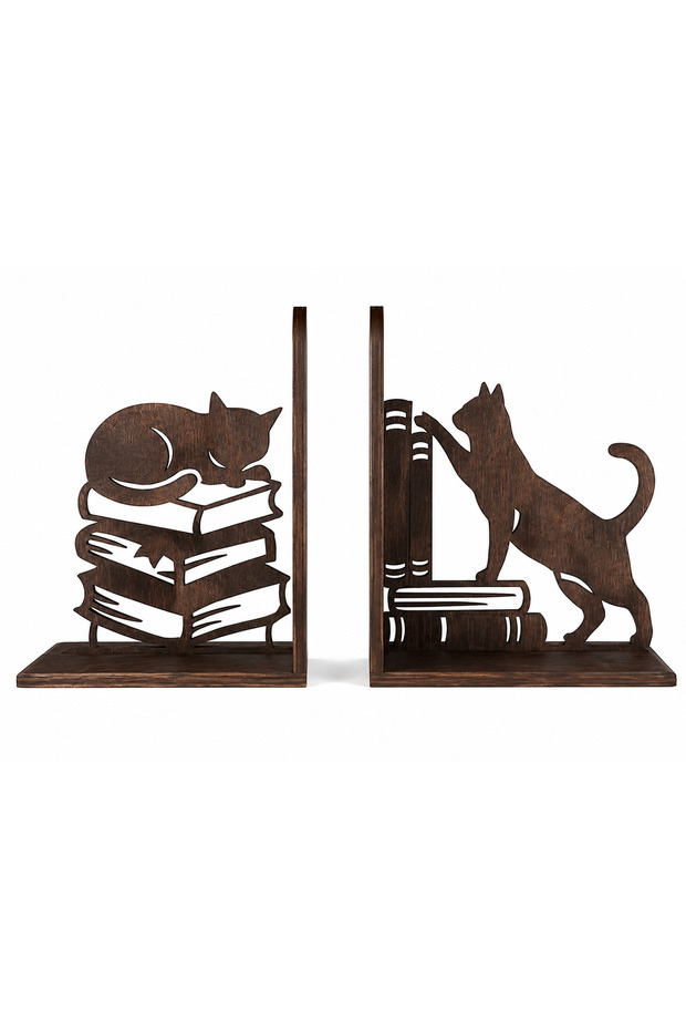 🐱 2-Piece Cat Figured Book Holder – Decorative Wooden Bookshelf Organizer