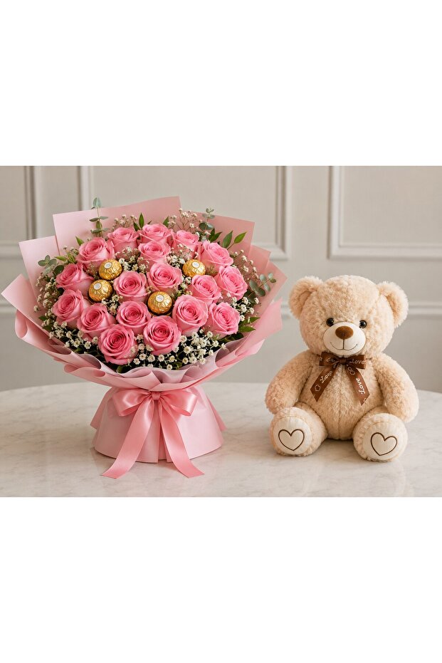 20PinkRose4ChocolateBqTaddy