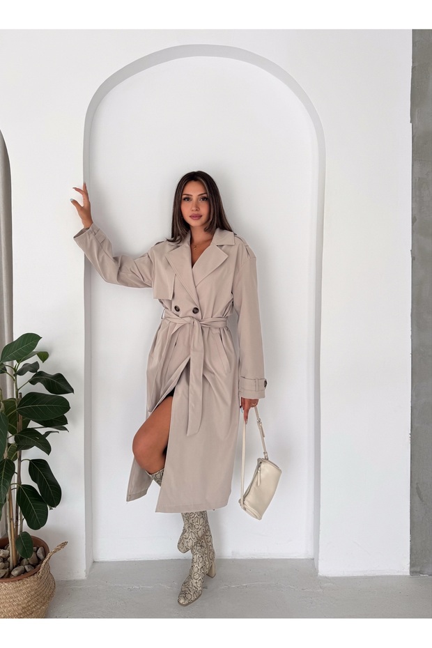Women's Belted Double Button Long Trench Coat