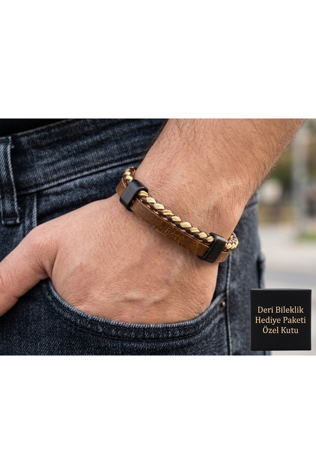 Armand Goldline Men's Leather Bracelet – Black Metal Design with Braided Detail