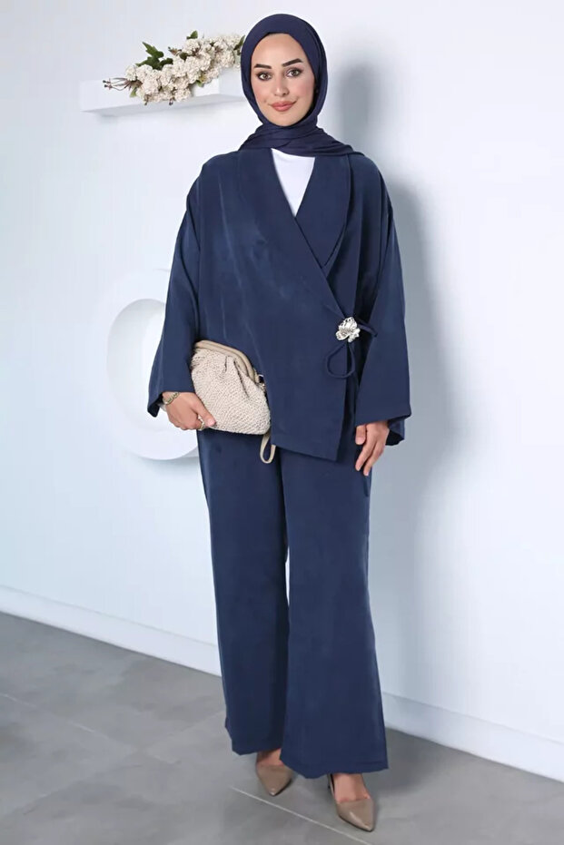 Front-Tie Buckle Jacket and Pants Hijab Double Set