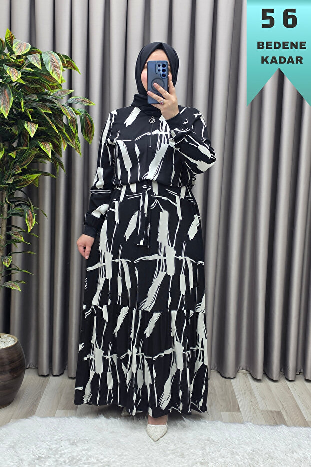 Women's Clothing Plus Size Brush Pattern Zipper Front Six Ruffles Dress