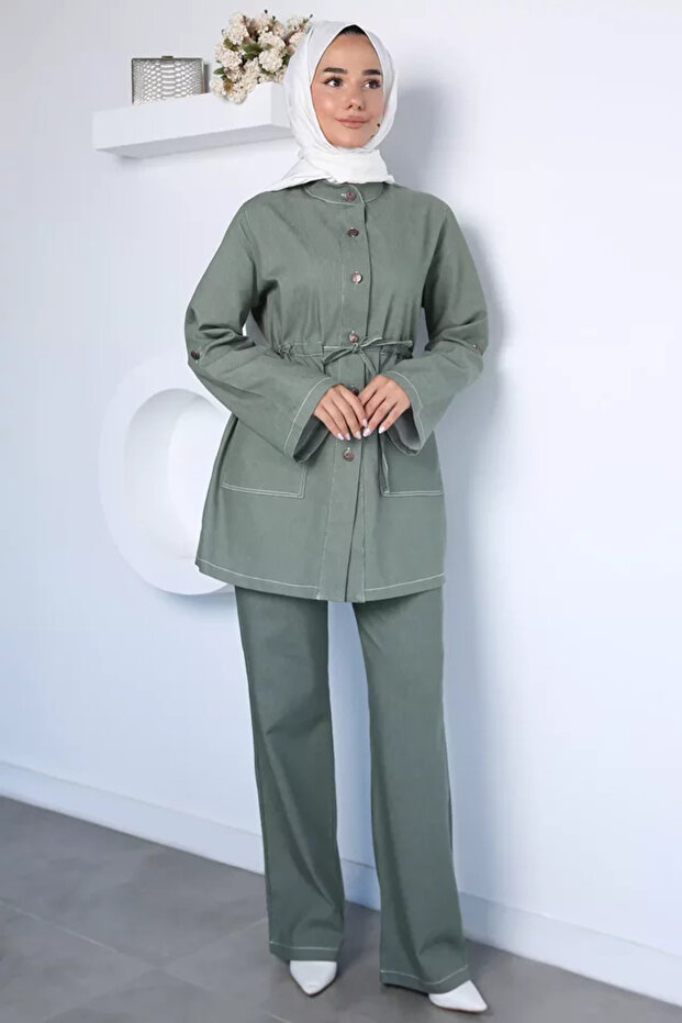 Waist Tie Detailed Jean Denim Jacket and Pants Hijab Double Set