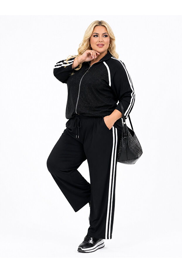 Plus Size Zippered Glittery Front Detail Contrast Striped Pocketed Relaxed Fit Women's Top and Bottom Set