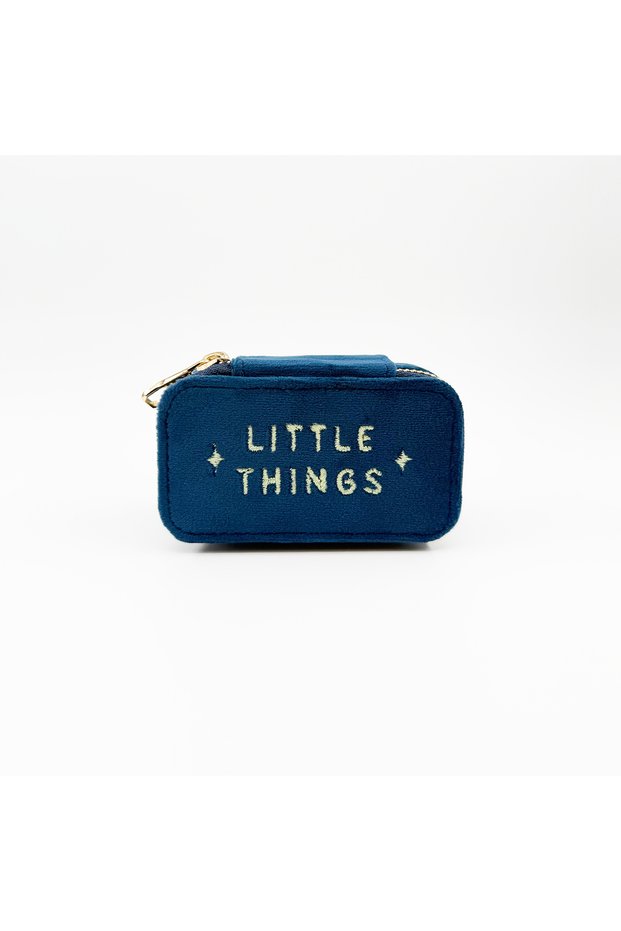 Little Things Embroidery Detailed - Navy Blue Mini Velvet Jewelry Bag & Travel Jewelry Organizer - 5X8.5X4 cm