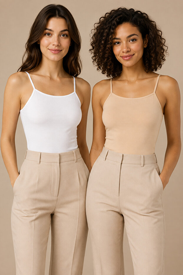 Women's 2-Piece Thin Strap Cotton Flexible Basic Undershirt White-Tan