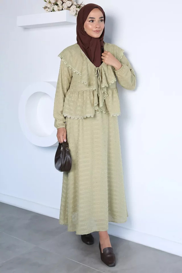 Collar Folded Lace Detailed Blouse Skirt Hijab Double Set