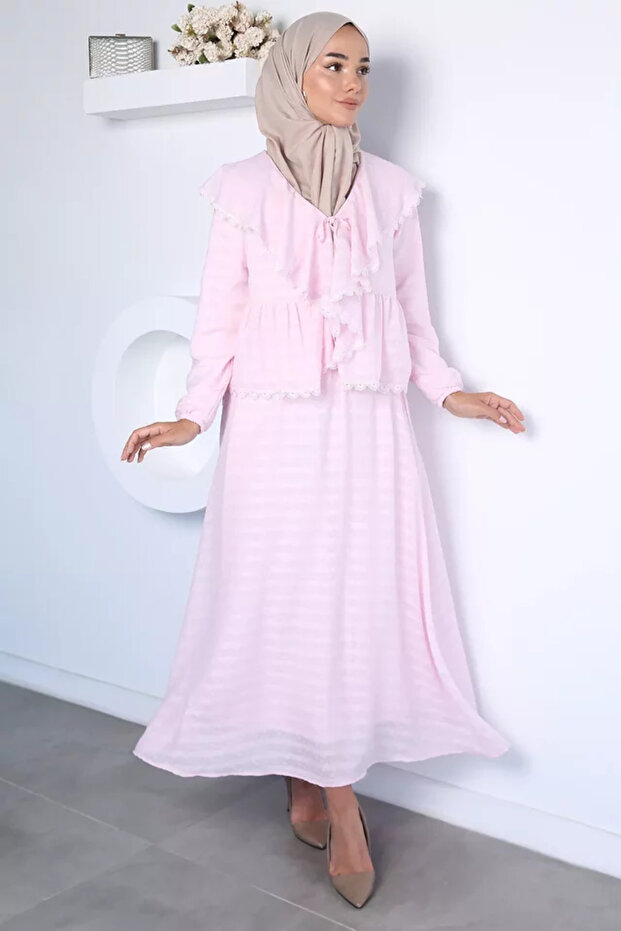Collar Folded Lace Detailed Blouse Skirt Hijab Double Set