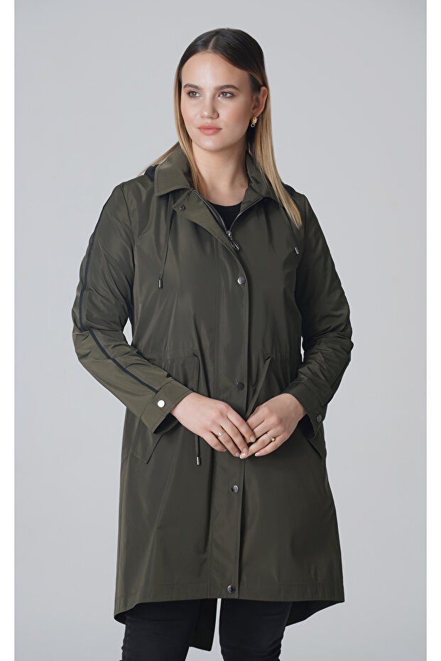 Women's Khaki Zippered Hooded Short Trench Coat