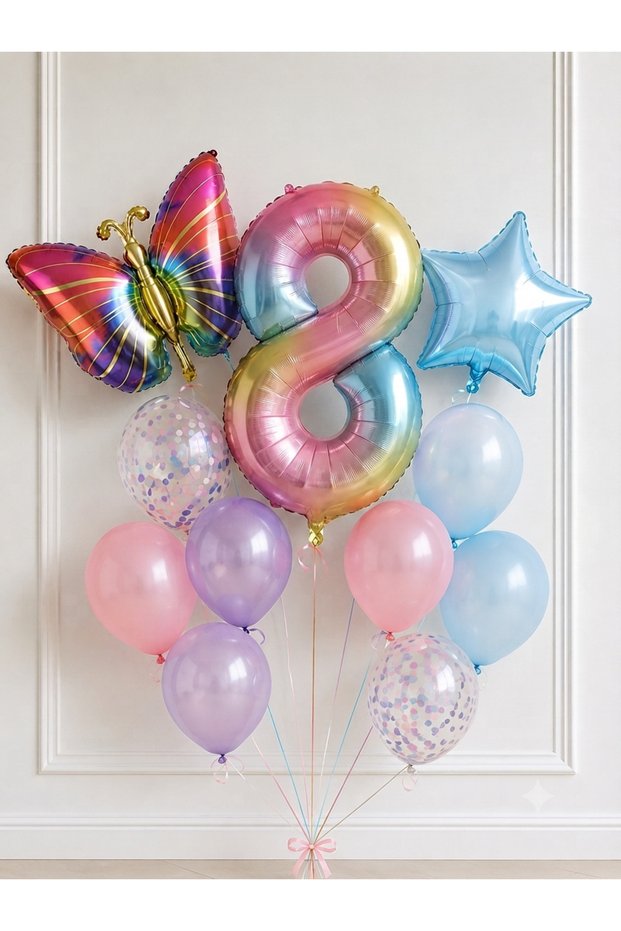 Party Rainbow Butterfly Birthday Balloon Set – Colorful Star Foil, 8-Year-Old Number Foil, and Latex Balloon Decoration