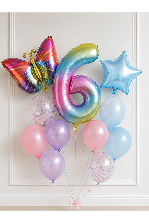 Party Rainbow Butterfly Birthday Balloon Set – Colorful Star Foil, 6-Year-Old Number Foil, and Latex Balloon Decoration