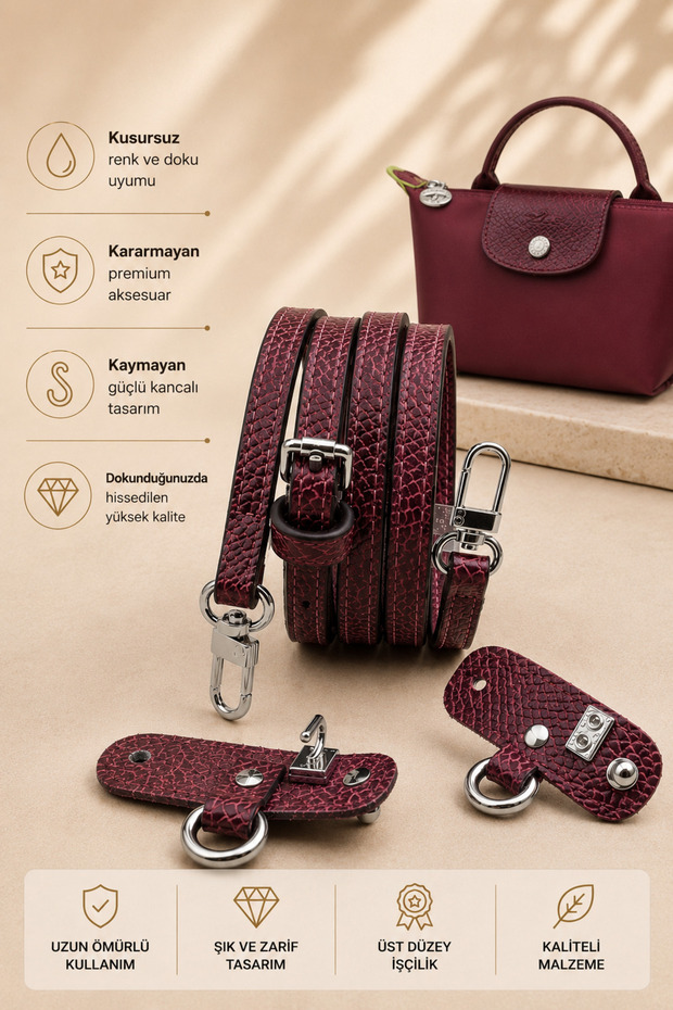 Pomegranate Longchamp Strap Le Pliage Compatible Bag Strap, Women's Leather Bag Strap, Adjustable Bag Belt, Bag Strap, Bag Accessory Burgundy - Pomegranate