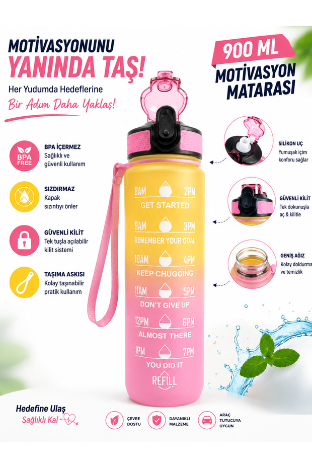 900 ml Motivational Water Bottle – Leak-Proof, Lockable, Silicone Tip, Carrying Strap, Wide Mouth Water Bottle