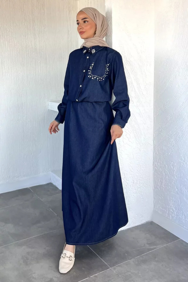 Elastic Waist Skirt, Stone Embroidered Shirt, Hijab, Two-Piece Set