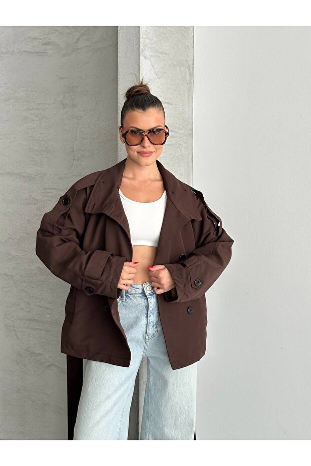 Women's Stand Collar Double-Breasted Belted Short Oversized Trench Coat