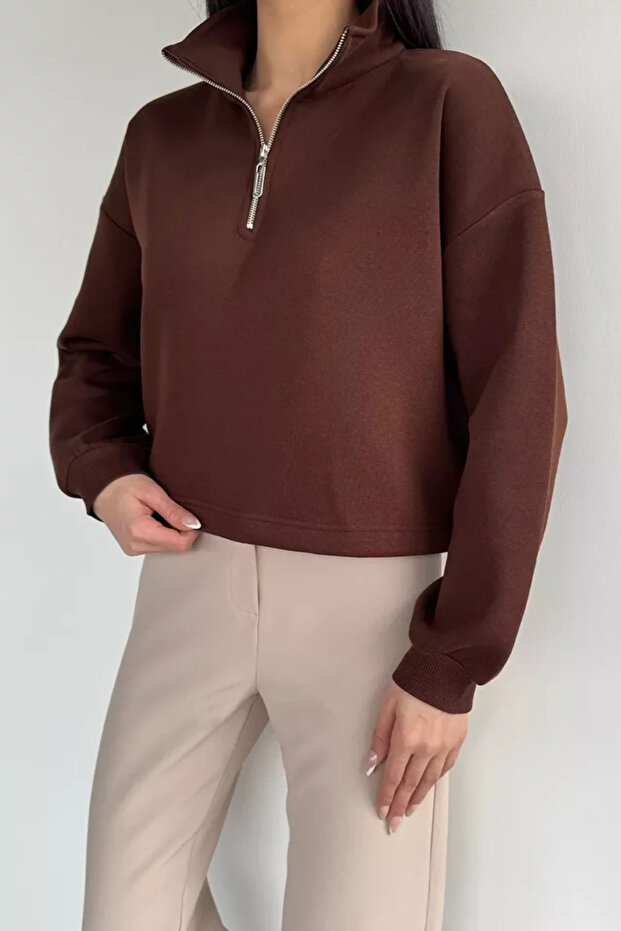 Gülseli Women's Polo Collar Half-Zipper Embroidered Sweatshirt