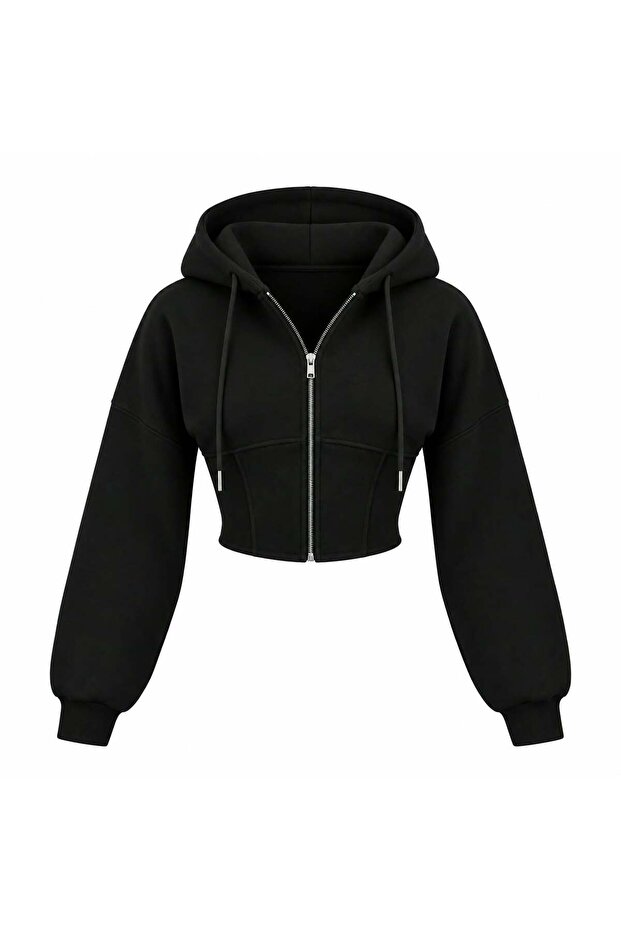 Women's Black Oversize Hooded Crop Cardigan