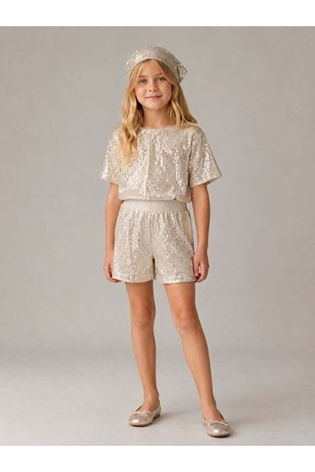 Girl's Gold Sequined Shorts with Elastic Waist