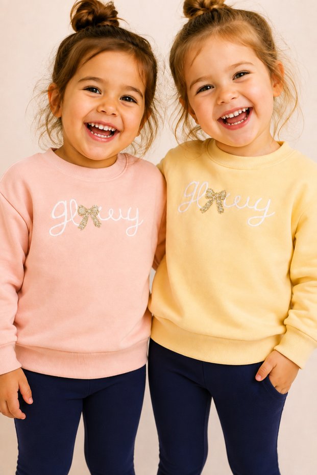 Girl's 2-Piece Sweatshirt Set with 3 Yarns, No Embroidery, Diagonal Bow Detail - Pink & Yellow Sweatshirt Set
