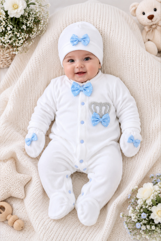 Baby Boy Velvet Winter Bow Tie Krarl Stone Luxury Romper Set Premium Newborn 0-3 Months Stl7249