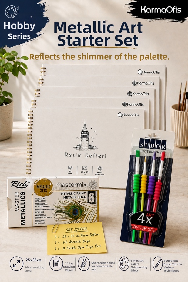 Hobby Series Metallic Painting Set | 25X35 cm 110 Gr Drawing Notebook 5 Pieces | 6-Pack Metallic Acrylic Paint | 4-Piece Brush Set