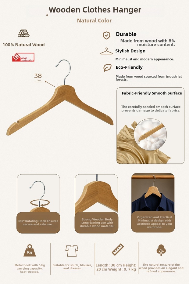 Wooden M002-Ç 38cm Women'S-Youth Dress, Blouse, Shirt Hanger Natural Color 2 Pieces