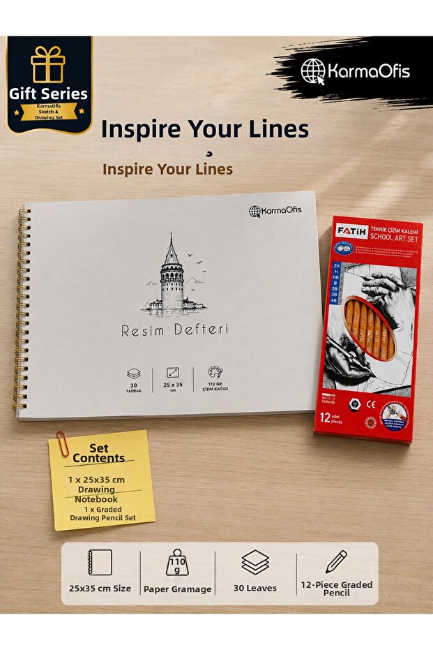 Sketch and Drawing Set 25X35 cm 110 Gr Drawing Notebook & 12 Graded Technical Drawing Pencils