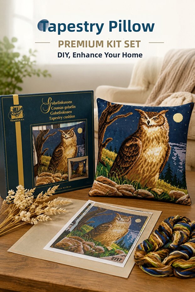 Vervaco Owl Patterned Tapestry Pillow Kit Premium