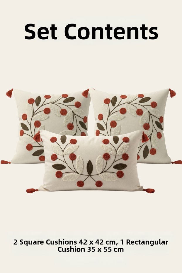 Nature Wreath Punch Embroidered 3-Piece Throw Pillow Cover Set