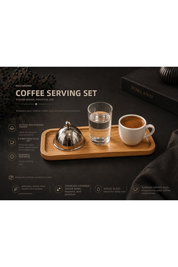 3 Piece Turkish Coffee Presentation Set with Wooden Tray