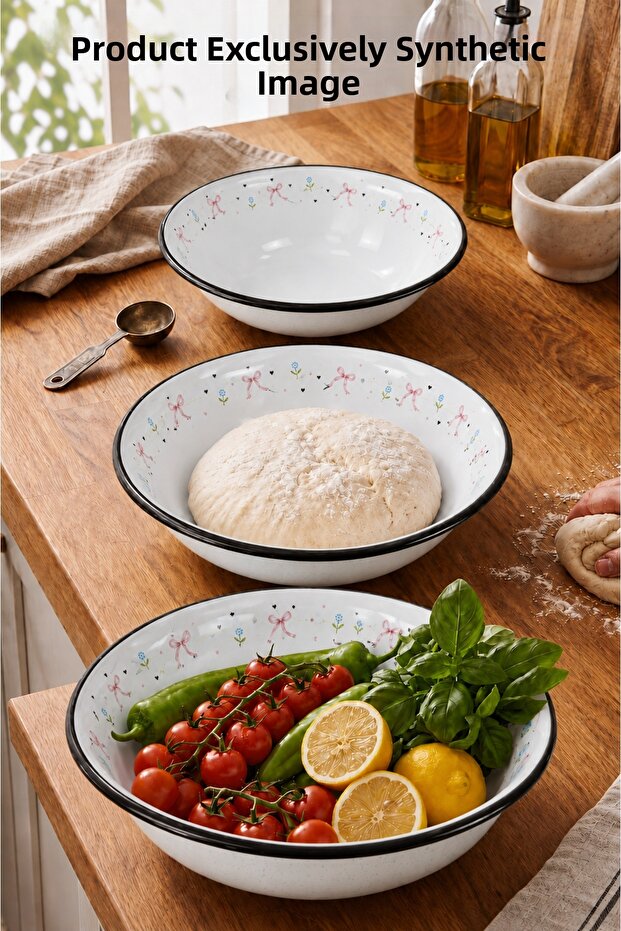 32 Cm-36 Cm-40 cm 3-Piece Enamel Basin Whisk and Mixing Bowl, Dough Basin, Fruit Bowl, Dowry, Gift,