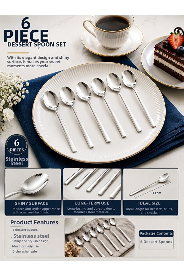 Set of 6 Stainless Steel Dessert Spoons