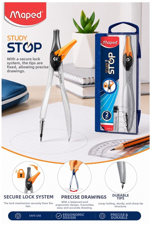 Orange Metal Compass with Stop Tip 1 Piece Maped Study Stop 195110 Compass Drawing Mathematics Geometry Architecture