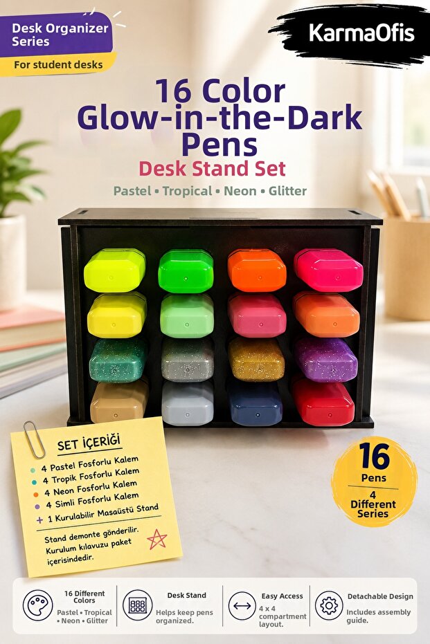 16 Color Highlighter Pen Stand Set | 4 Pastel Highlighter Pens | 4 Simli Highlighter Pens | 4 Tropik Highlighter Pens | 4 Neon Highlighter Pens | Desktop Pen Organizer