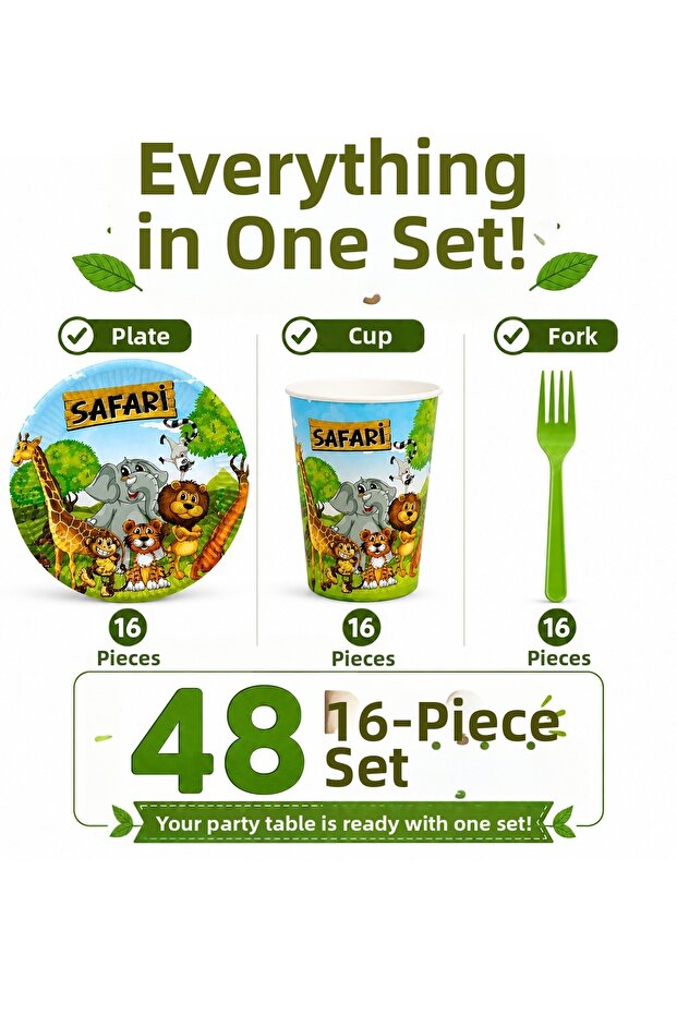 Safari Birthday Party Set | 8-16 Person Plate Cup Fork Set | 24-48 Pieces | Children's Party Tableware Set
