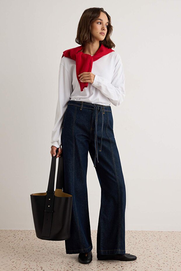 Koyu Mavi %100 Pamuk Yüksek Bel Wide Leg Jeans TWOAW27JE00165