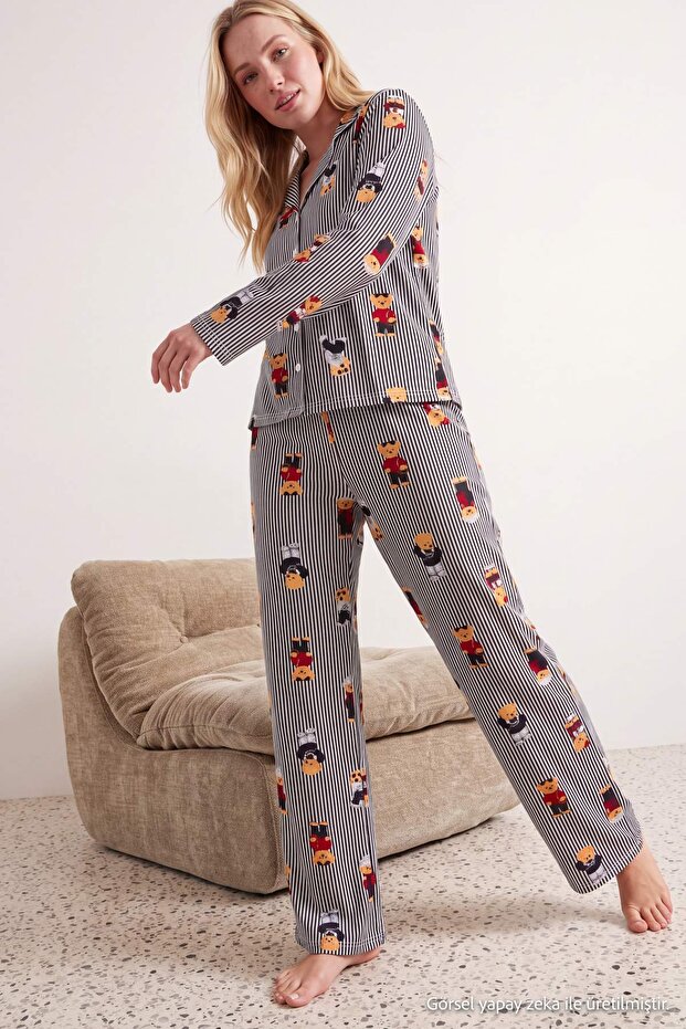 Black 100% Cotton Teddy Bear and Stripe Patterned Shirt Collar Knitted Pajamas Set Thmaw26Pt00171