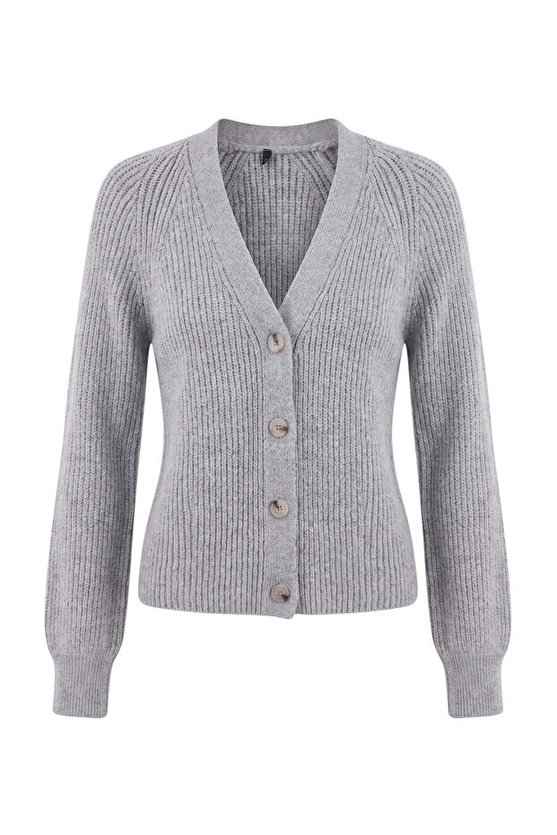 Wardrobe Essentials Açık Gri V Yaka Yumuşak Tuşe Triko Hırka TWOAW27HI00150