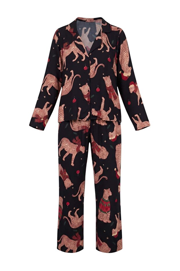 Multi Color Tiger Pattern Viscose Woven Pajamas Set Thmaw25Pt00036