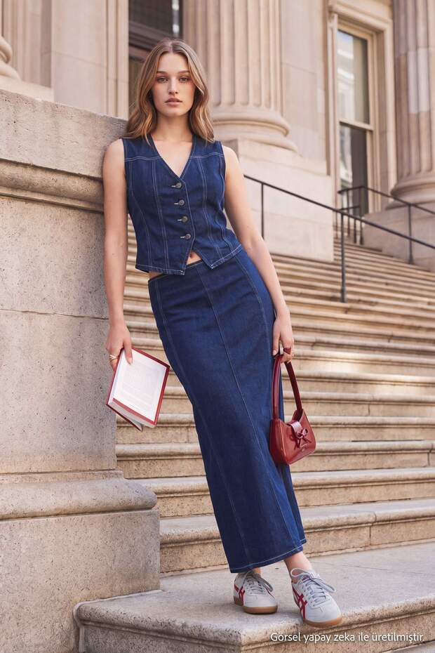 Koyu Mavi Az Esnek Volanlı Maxi Denim Etek TWOAW27ET00048