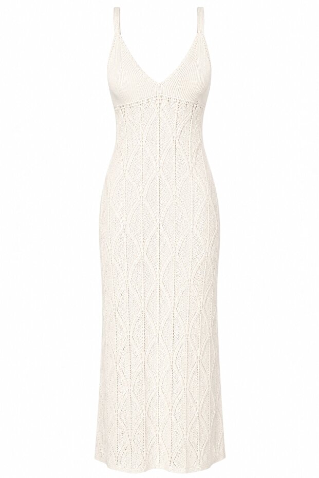 White Openwork V-Neck Inner Lined Strappy Knitted Off-White Knitwear Dress
