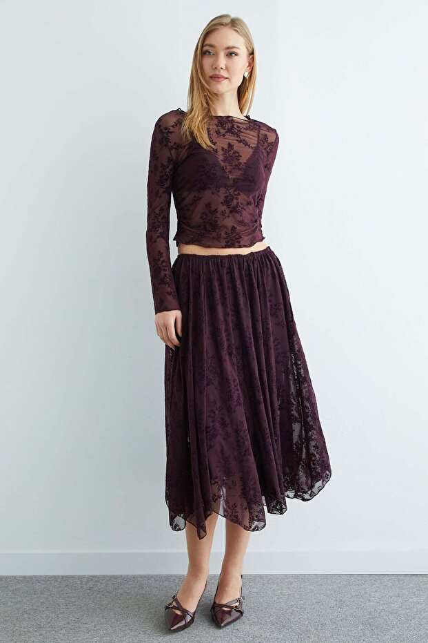 Elastic Waist Floral Pattern Lined Sheer Skirt