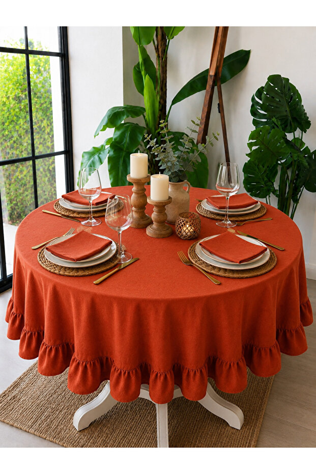 Pearl Velvet Textured Ruffled Round Tablecloth Dark Tile