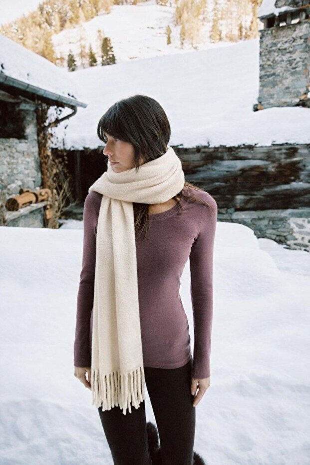 Women's Plain Tasseled Boucle Knitwear Scarf Shawl